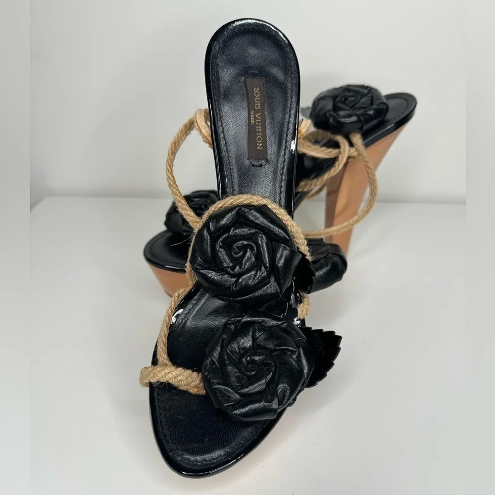 Louis Vuitton Black Leather Floral Appliqué Rope Strap Sandals Sz 38